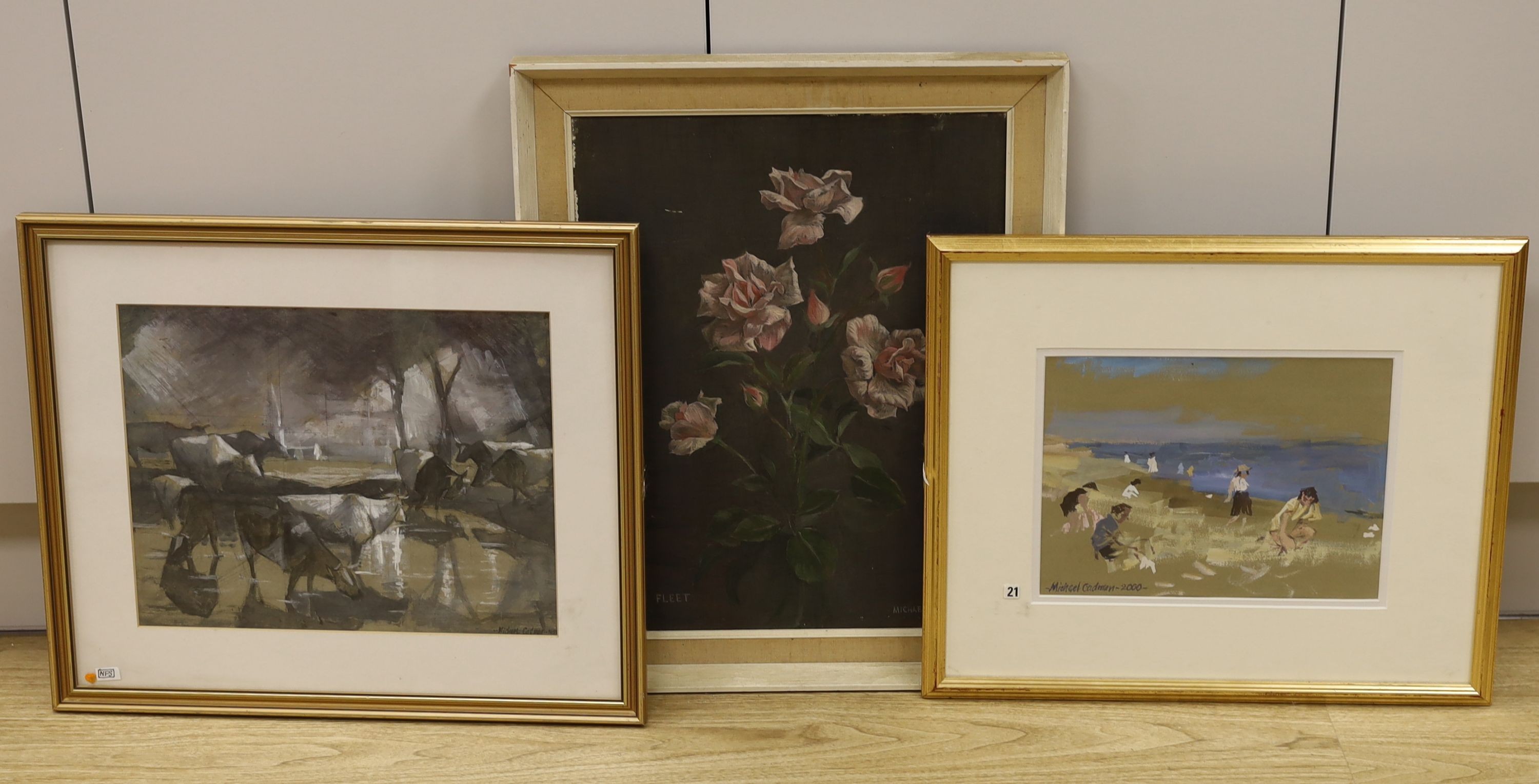 Michael Lawrence Cadman (1920-2010), oil on canvas, Study of Van Fleet Roses, signed and dated '58, 45 x 34cm, a watercolour of a beach scene and another of a herd of cows, both by the same artist